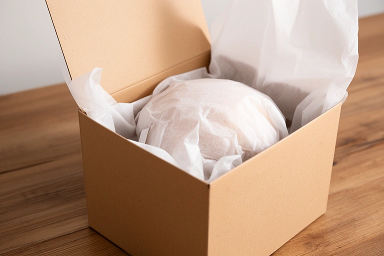 Caja de cartón abierta con papel de seda y un mate envuelto adentro