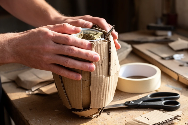 Manos envolviendo un mate de calabaza en cartón corrugado sobre una mesa de trabajo