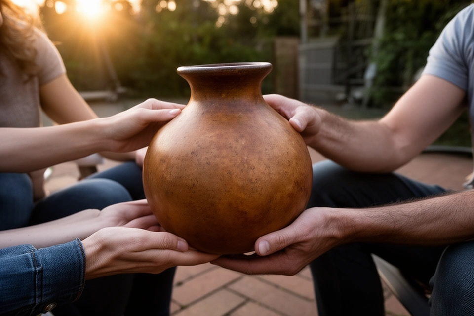 Mate de calabaza de boca ancha pasando de mano en mano en una ronda al aire libre