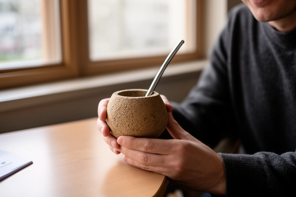 Mano sosteniendo un mate de calabaza chico con bombilla