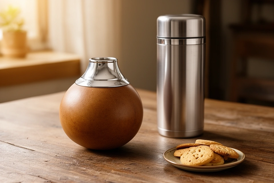 Mate de calabaza mediano con virola sobre una mesa con un termo