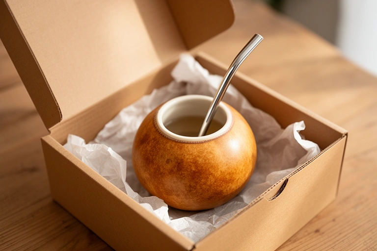 Mate de calabaza con virola y bombilla de alpaca sobre un mantel